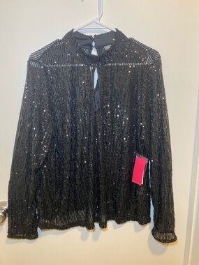Vince Camuto Black Sequin Mock-Neck Long Sleeve Top